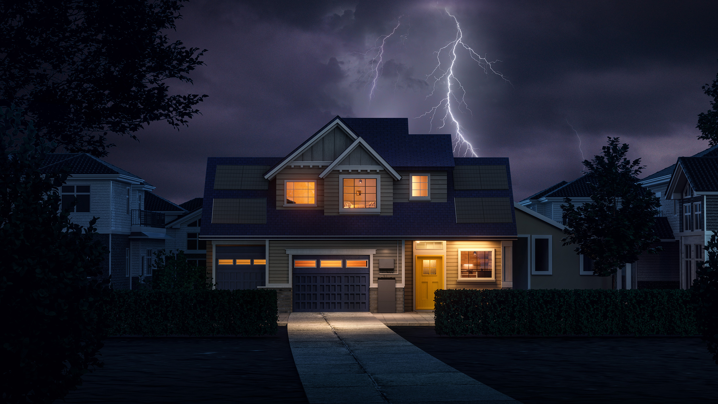 Einfamilienhaus mit Vorgarten beleuchteten Fenstern, PowerOcean Solarbatterielösung vor der Haustüre im Dunkeln bei Gewitter