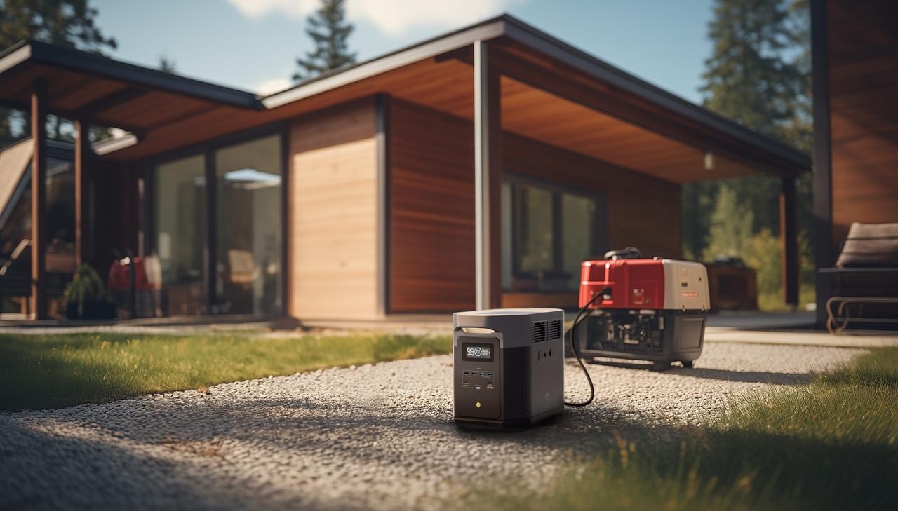 Mobile Stromversorgung vor einem modernen Gartenhaus
