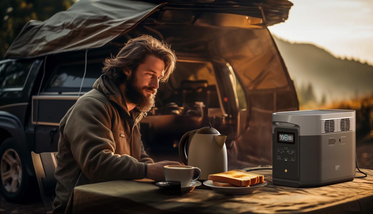 Junger Mann beim Powerstation Camping Test in der Natur