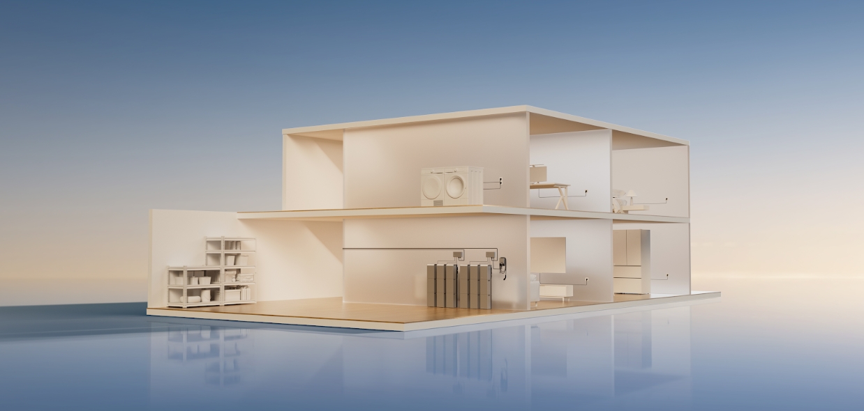 Haus mit Heimspeicher und Haushaltsgeräten im Querschnitt
